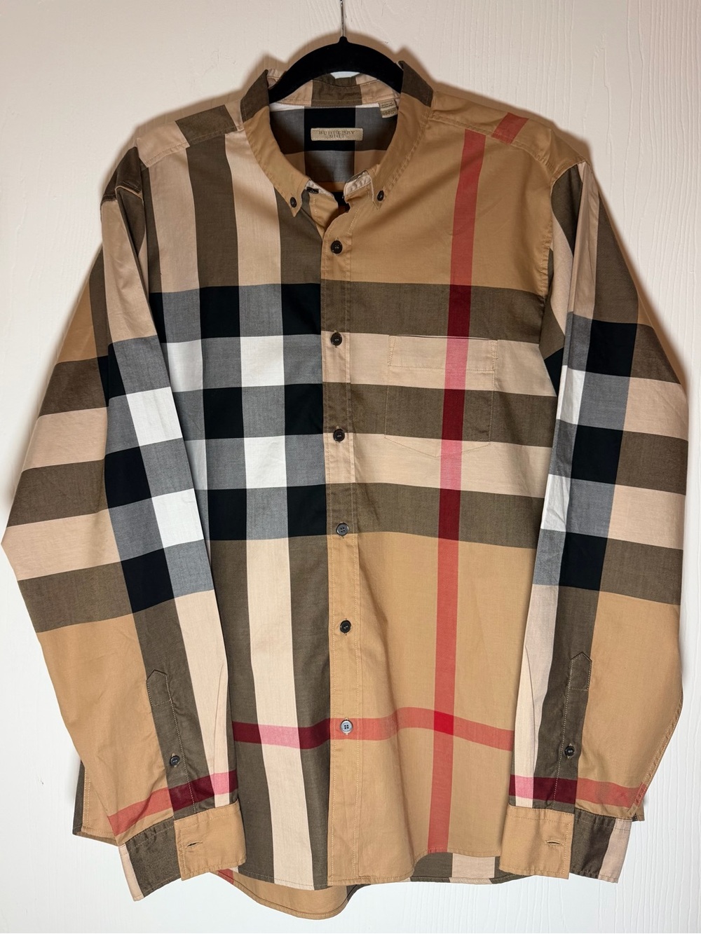 Burberry Tan Plaid Button-Down Shirt with Black, White & Red Accents